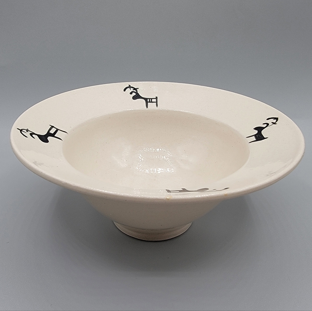 Artisan Stoneware Pottery Bowl Black Stick Figure Reindeer Handcrafted Signed